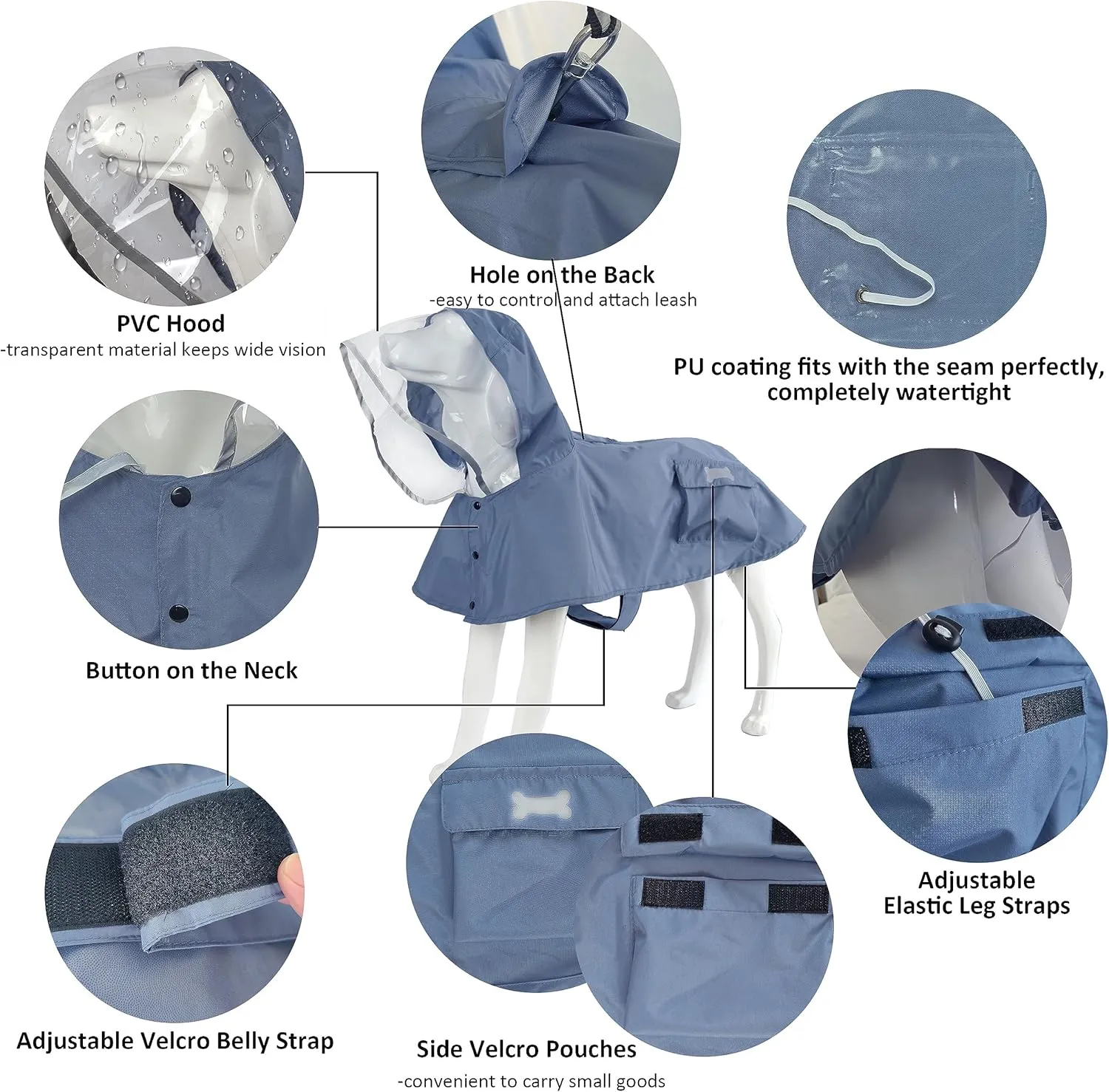 Waterproof Dog Raincoat, Adjustable Reflective Lightweight Pet Rain Clothes with Poncho Hood(Small, Blue&Grey)