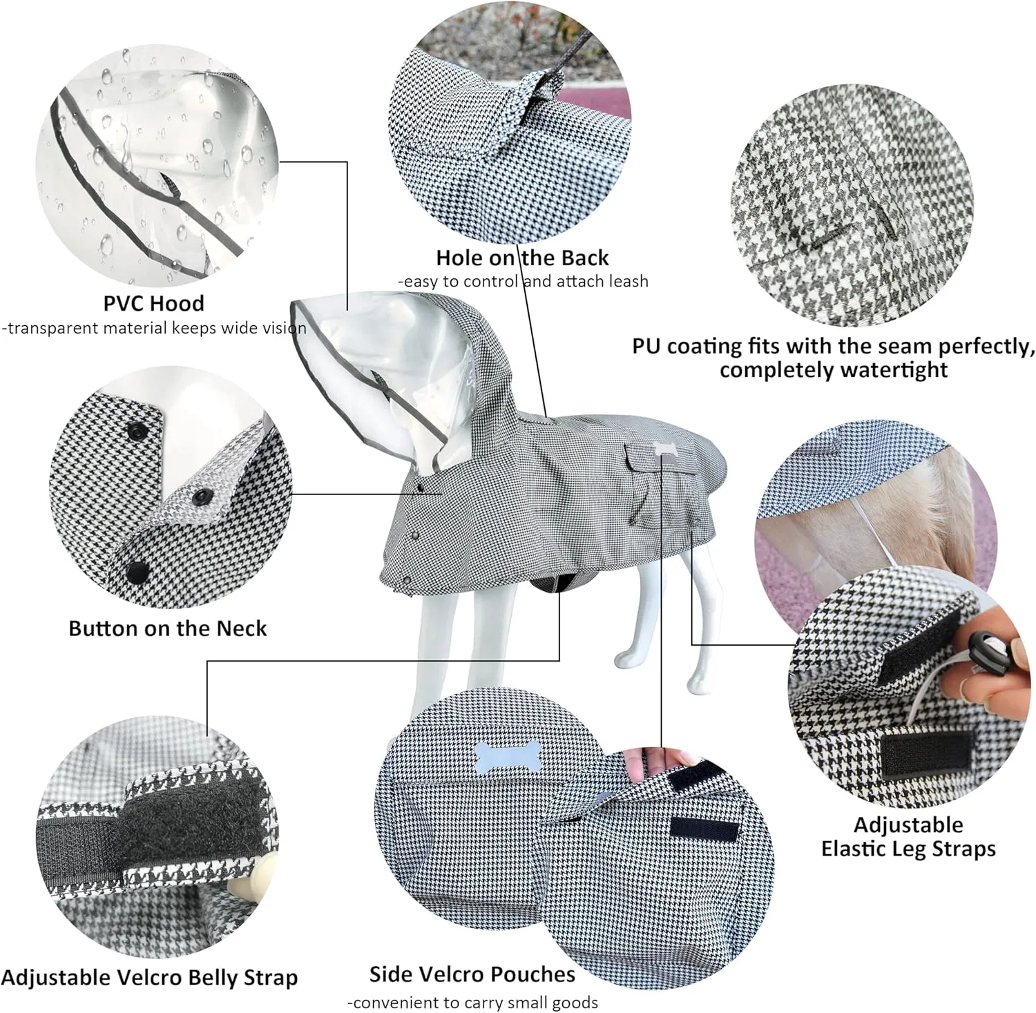Waterproof Dog Raincoat, Adjustable Reflective Lightweight Pet Rain Clothes with Poncho Hood(Small,Black&White)