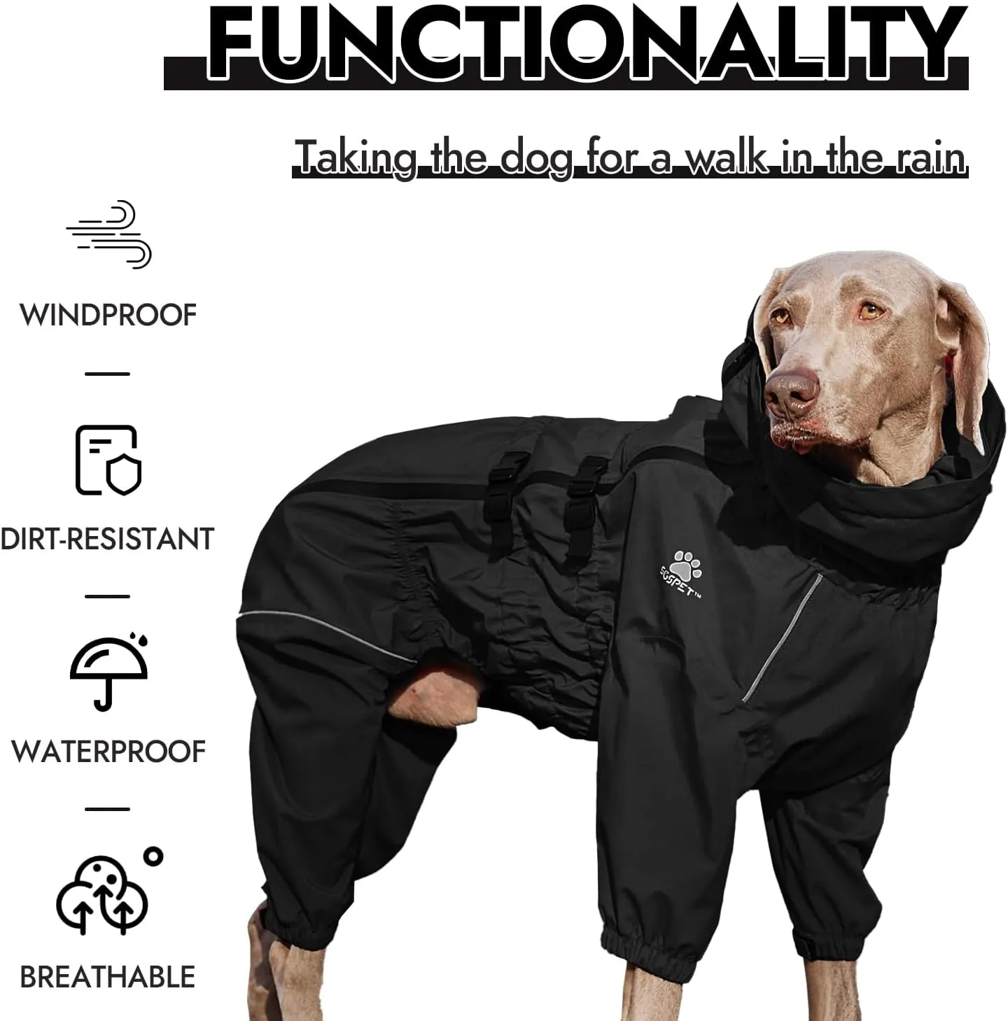 Waterproof Pet Raincoat, 4 Legs Design with Leash Hole and Reflective Strips, Lightweight Poncho for Small to Medium Dogs, Puppy Rain Jacket (Black, 2XL)