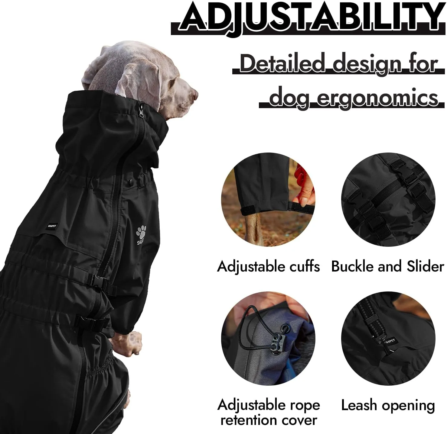 Waterproof Pet Raincoat, 4 Legs Design with Leash Hole and Reflective Strips, Lightweight Poncho for Small to Medium Dogs, Puppy Rain Jacket (Black, 2XL)