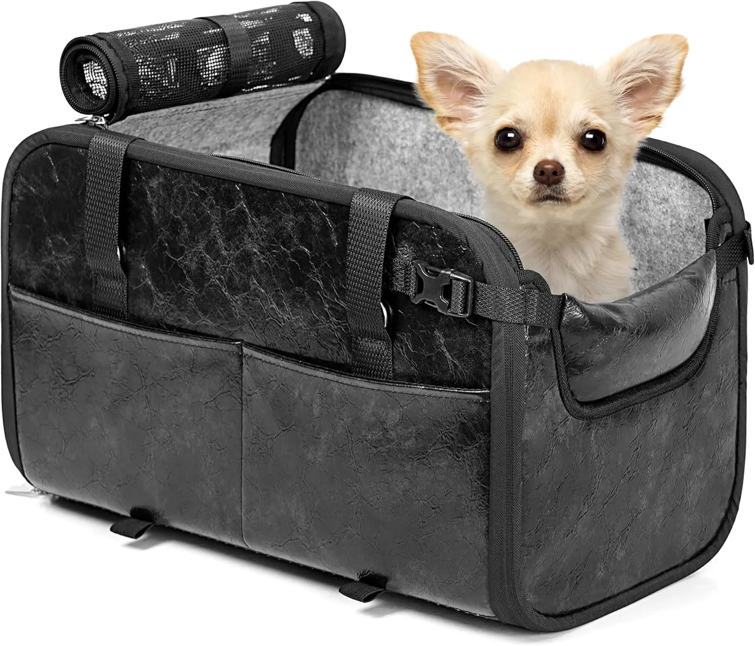 YUDODO 18 lbs Large Dog Car Seat for Center Console (Width >9in) Portable Travel Pet Car Seats with Safe Protective Hooks, Anti-Slip Pet Armrest Booster Seat, Premium PU Leather (Black)